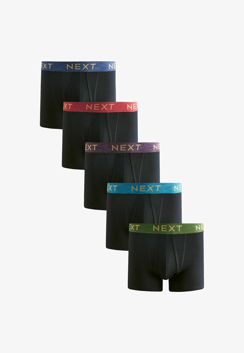 Cinq boxers noirs avec des tailles élastiques en bleu, rouge, violet, sarcelle et vert, chacun marqué du logo "NEXT" en lettres dorées.