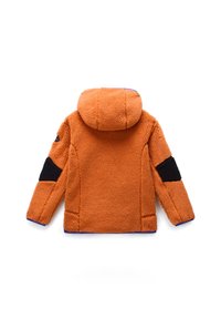 Oransje fleecejakke med hette, med svarte detaljer på ermer og sider, teksturert stoff og en avslappet passform.