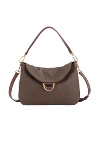 Brun tekstureret læderhandbag med en fold-over klap, guldhardware detaljer og en aftagelig skulderrem.