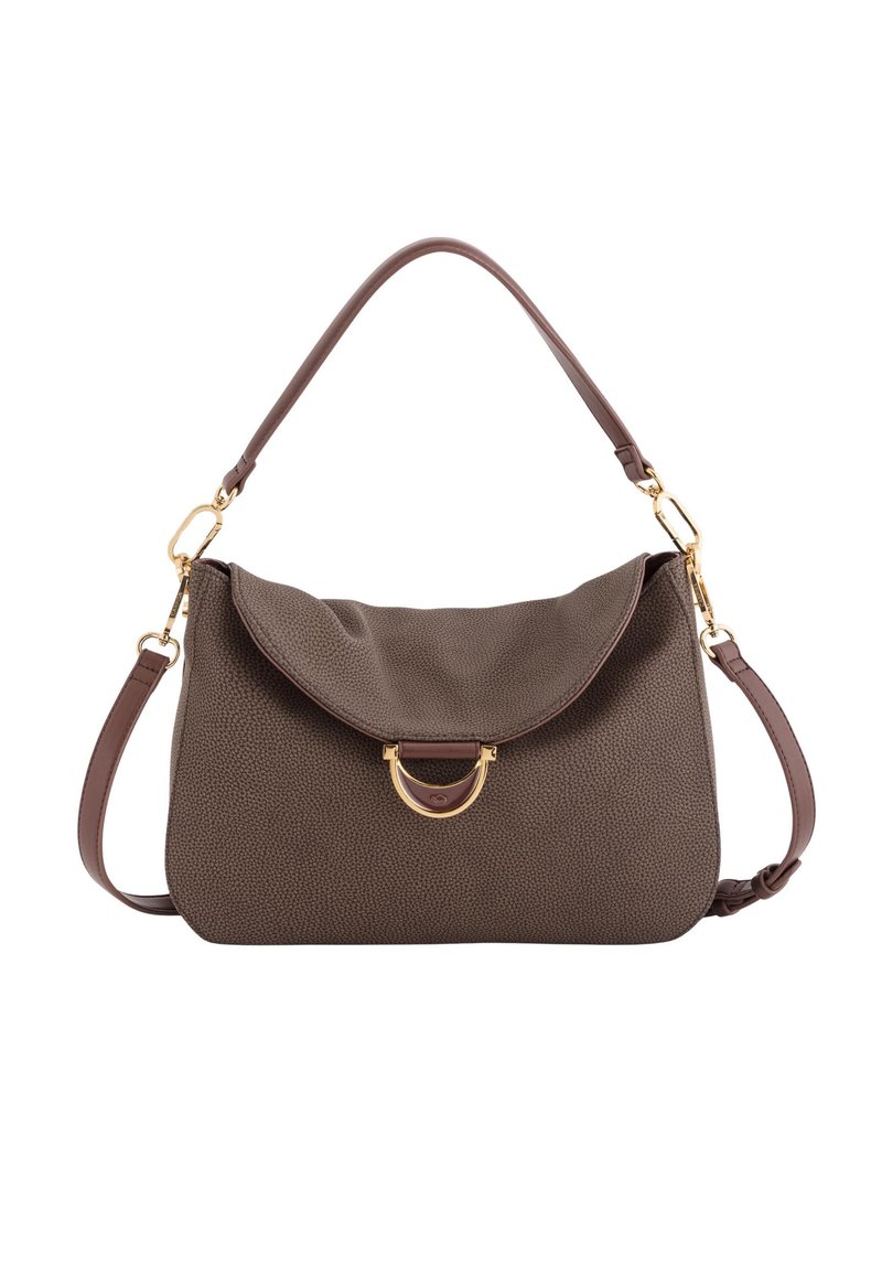 Brun tekstureret læderhandbag med en fold-over klap, guldhardware detaljer og en aftagelig skulderrem.