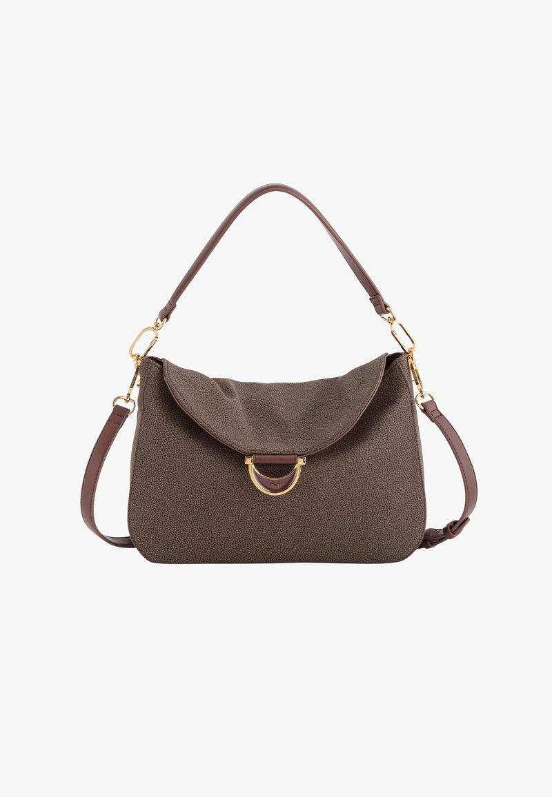 Bruin, gestructureerd leren handtasje met een flap om te vouwen, gouden hardware accenten en een afneembare schouderband.