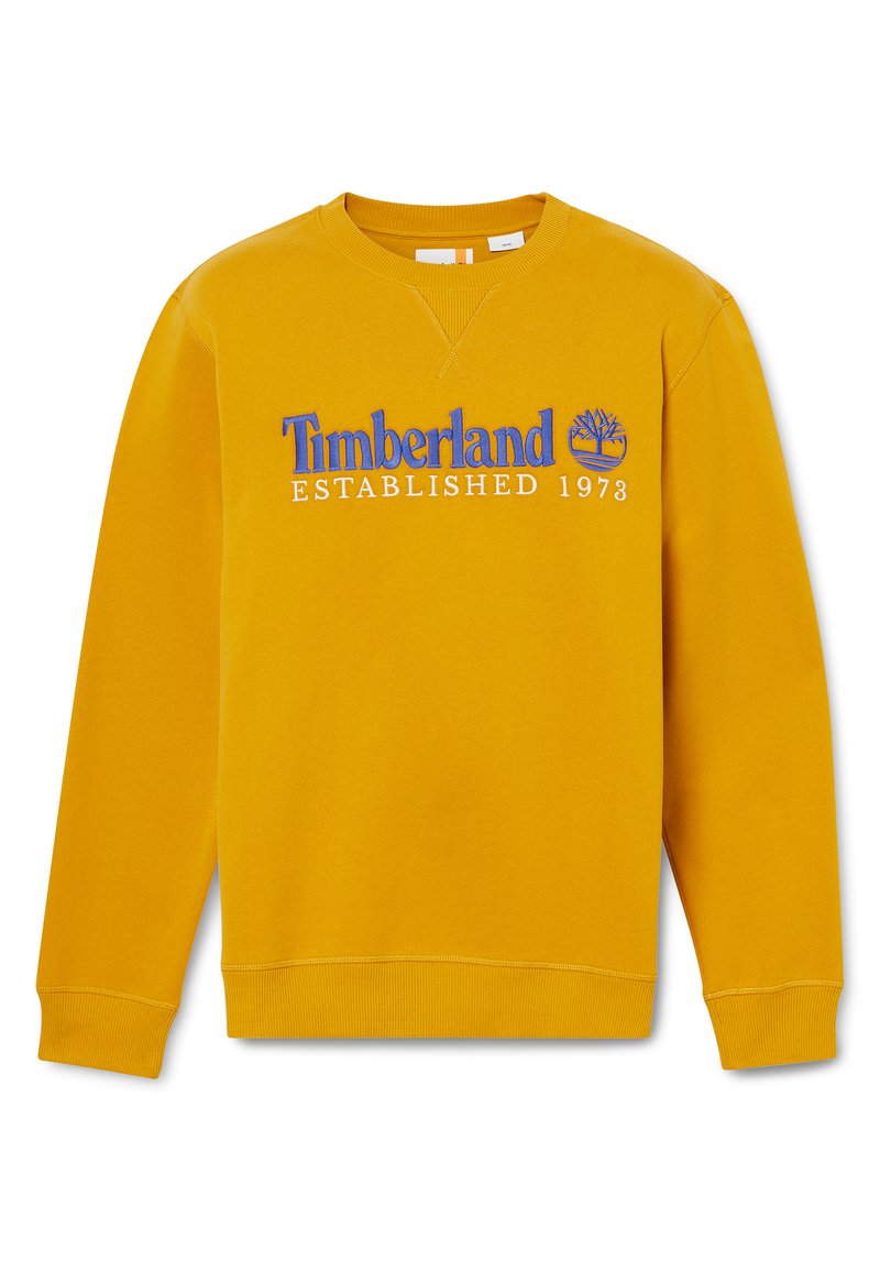 Felpa gialla con collo rotondo, polsini e orlo a coste, caratterizzata dal logo blu "Timberland" e dal testo "Established 1973".