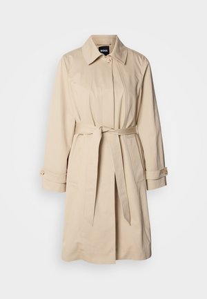 Beige trenchcoat met een ceintuur in de taille, knoopmanchetten en een kraag. Gemaakt van gladde, lichte stof.