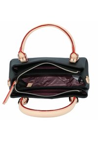 Borsa sintetica nera con manici rosa, scomparti con zip e rivestimento viola. Presenta una texture liscia e dettagli rotondi.