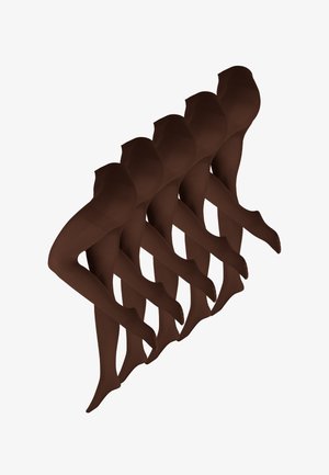 Brune, uigennemsigtige strømpebukser præsenteret i et lagdelt arrangement, der fremviser en glat tekstur, med en ensfarvet nuance og en sømløs design ved taljen.