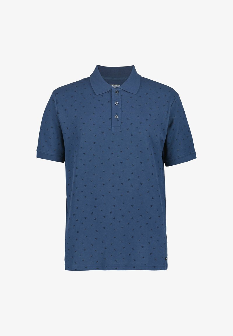 Navyblauw poloshirt gemaakt van katoen, met een knoopsluiting met drie knopen en een subtiel vogelpatroon over het hele shirt. Korte mouwen.