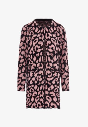 Sort og lyserød leopardmønstret cardigan, med blød tekstur, lange ærmer, åben frontdesign, inkluderer to frontlommer.