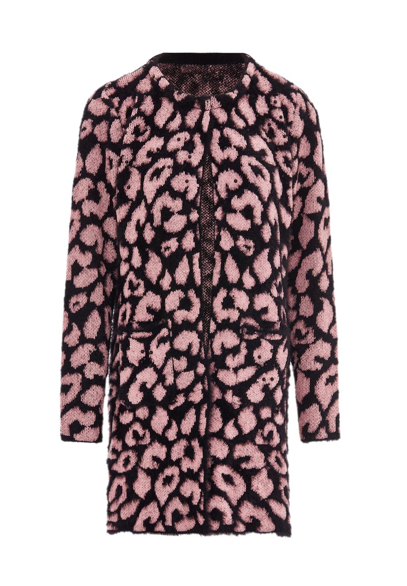Svart och rosa leopardmönstrad cardigan, lyxig textur, långa ärmar, öppen framsida, inkluderar två framfickor.