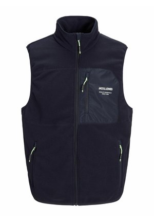 Marine fleece vest med høj krave, frontlynlås og to sidelommer med lynlås. Har en kontrasterende stoflomme med branding på brystet.