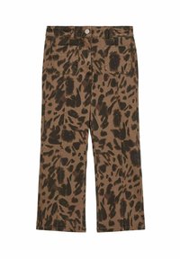 Kombinované nohavice s leopardím vzorom v hnedej a čiernej farbe, vyrobené z bavlny, s rovnými nohavicami, dvoma zadnými vreckami a predným zapínaním na gombík.