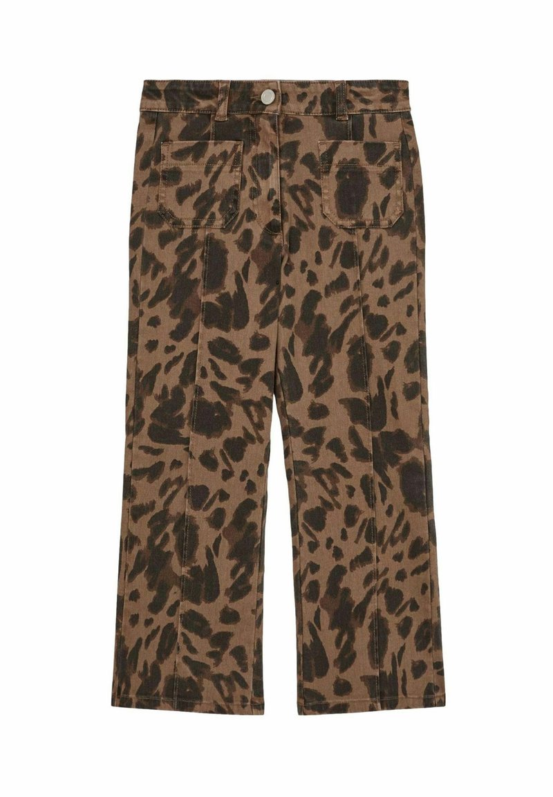 Kombinované nohavice s leopardím vzorom v hnedej a čiernej farbe, vyrobené z bavlny, s rovnými nohavicami, dvoma zadnými vreckami a predným zapínaním na gombík.