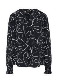 Blouse noire avec un motif de coeurs blancs et des détails textuels ; présente un col en V, des manches longues et des poignets froncés pour une coupe décontractée.