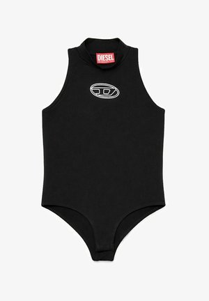 Čierne tielko Diesel bez rukávov s vysokým golierom a bielym oválnym logom na hrudi.