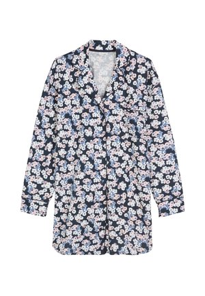 Camicia blu navy con maniche lunghe, caratterizzata da un motivo floreale nei colori rosa, blu e bianco. Tessuto morbido con tasca sul lato sinistro.