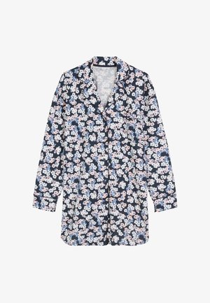 Camicia blu navy con maniche lunghe, caratterizzata da un motivo floreale nei colori rosa, blu e bianco. Tessuto morbido con tasca sul lato sinistro.