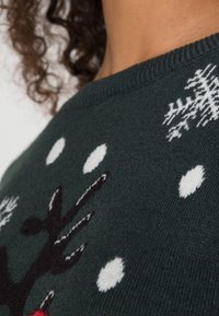 Pull en tricot vert foncé avec des flocons de neige blancs, des accents rouges et un motif de renne noir. Encolure ronde et tissu texturé.
