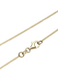 Gouden metalen ketting met fijne geweven textuur, voorzien van een karabijnsluiting en een gegraveerd 925-merkteken voor zilvergehalte.