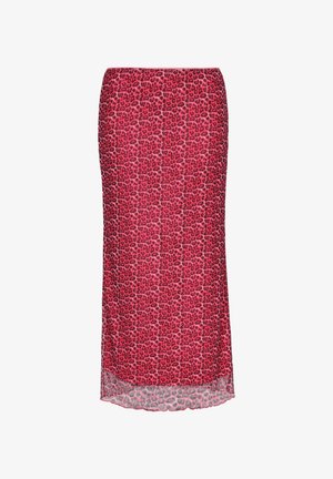 Piros leopárdmintás midi szoknya sima textúrával, rugalmas derékkal és enyhén áttetsző béléssel az alján.