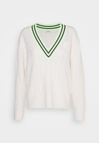 Cremfarbener Kabelstrickpullover mit tiefem V-Ausschnitt und neonfarbigen grünen sowie schwarzen Streifenakzenten. Lange Ärmel, strukturierter Stoff, lässige Passform.