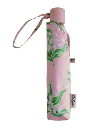 Pink floral umbrella sleeve featuring white lily-of-the-valley and green leaves, with a matching pink handle and a strap for carrying.