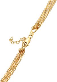 Halskette aus goldfarbener Kette mit miteinander verbundenen Ringen, einem Karabinerverschluss und einer verstellbaren Verlängerungskette. Glatte Oberfläche, zartes Design.