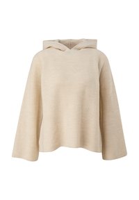 Hoodie beige côtelé à coupe décontractée, avec une capuche doublée et des manches larges. Texture douce, design minimaliste, sans éléments métalliques visibles.