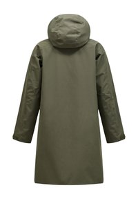 Olijfgroen waterdichte jas met een capuchon, lange mouwen en een rechte snit. Beschikt over klittenband manchetten en een minimalistisch ontwerp, zonder zichtbare logo's.