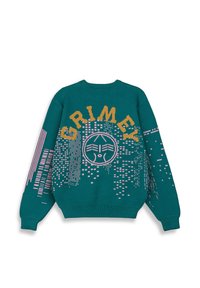 Suéter de punto teal con "GRIMEY" en amarillo, patrones gráficos en rosa y puños y bajo acanalados. Diseño trasero con un paisaje urbano abstracto.