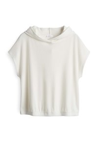 Top corto a maniche corte con cappuccio bianco realizzato in un tessuto testurizzato e a costine. Presenta una vestibilità rilassata e un orlo arricciato, adatto per un abbigliamento casual.