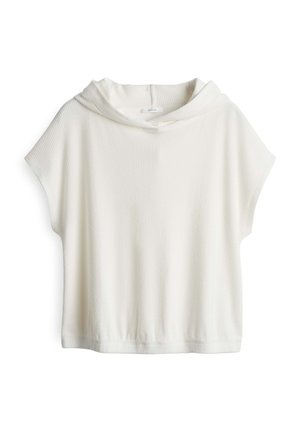 Top corto a maniche corte con cappuccio bianco realizzato in un tessuto testurizzato e a costine. Presenta una vestibilità rilassata e un orlo arricciato, adatto per un abbigliamento casual.