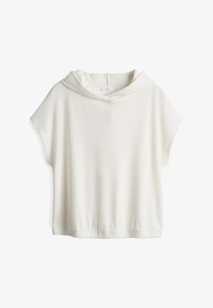 White hooded short-sleeve top with a textured, ribbed fabric. Features a relaxed fit and a gathered hem, suitable for casual wear.