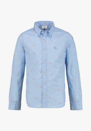 Light blue button-up shirt with long sleeves, featuring small peach-colored geometric patterns and a logo accent on the chest.