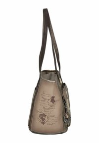 Taschenhandtasche aus hellbraunem Leder mit dunklem Riemen, versehen mit gestickten Blumendesigns und handgeschriebenem Text. Inklusive eines dekorativen Schl�üsselanhänger-Akzents.