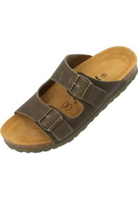 Sandal in pelle marrone con due cinturini e fibbie metalliche regolabili, soletta in sughero e suola testurizzata. Il materiale sembra resistente con una finitura opaca.