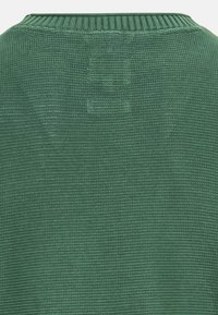 Green knitted pullover featuring a ribbed crew neckline, textured fabric, and subtle patterns along the back and shoulders.
