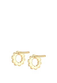 Goldfarbene Ohrringe mit einem gewellten, kreisförmigen Design, versehen mit einem 925-Stempel, glatter Textur und einem minimalistischen Ästhetik.