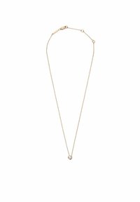 Collana in tonalità oro con una catena sottile, caratterizzata da un piccolo pendente rotondo in cristallo trasparente al centro. Design semplice e consistenza delicata.