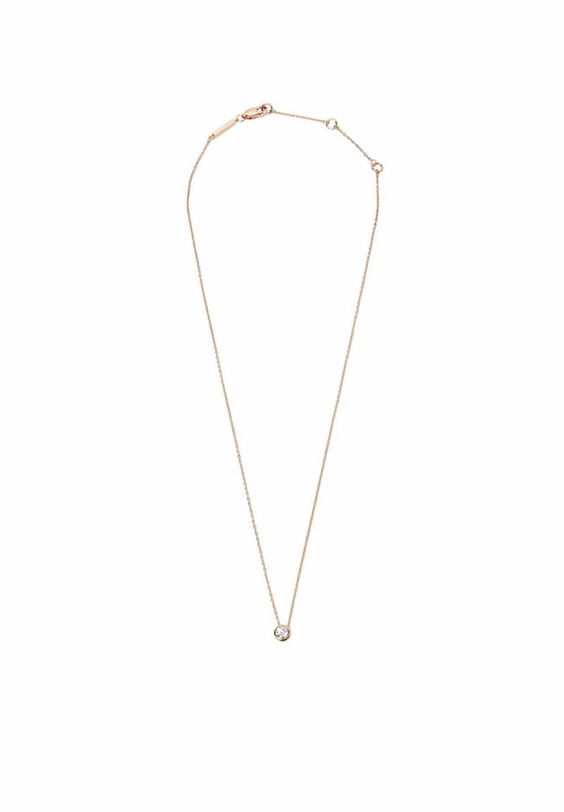 Collana in tonalità oro con una catena sottile, caratterizzata da un piccolo pendente rotondo in cristallo trasparente al centro. Design semplice e consistenza delicata.