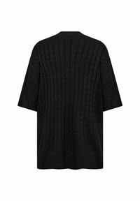 Svart oversized kabelstickad tröja med korta ärmar och ribbad nederkant. Det texturerade mönstret förstärker dess mysiga utseende.