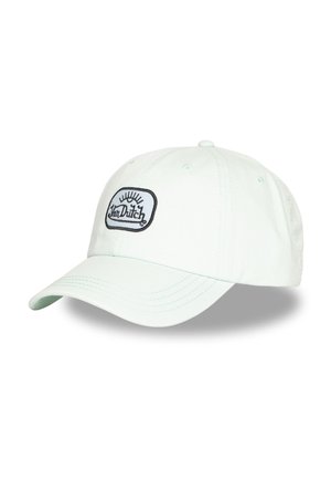 Casquette de baseball blanche à visière courbée avec un écusson logo Van Dutch noir et blanc sur le devant.