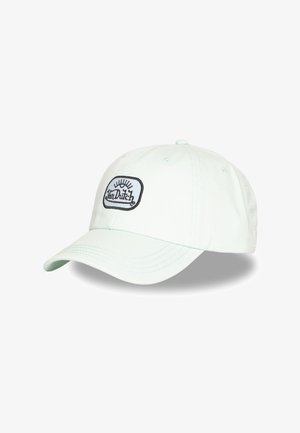 Casquette de baseball blanche à visière courbée avec un écusson logo Van Dutch noir et blanc sur le devant.