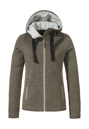 Hooded jacket in textured brown fabric with a gray lining. Features a full front zipper and two side pockets with black accents.