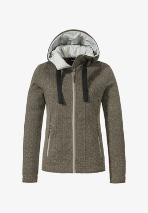Hooded jacket in textured brown fabric with a gray lining. Features a full front zipper and two side pockets with black accents.
