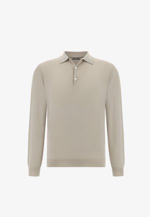 Beige polo-shirt met lange mouwen, gemaakt van een gladde breisel, met een drieknoopsluiting en geribde manchetten en zoom.