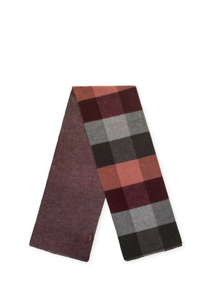 Karo-Schal in Maronen-, Grau- und Rostfarben mit weicher Textur. Rechteckige Form mit fransigen Kanten. Stilvolle Karomuster durchgehend.