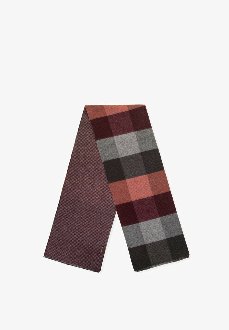 Sciarpa a quadri con colori bordeaux, grigio e ruggine, caratterizzata da una texture morbida. Forma rettangolare con bordi frangiati. Eleganti motivi a scacchi su tutta la superficie.