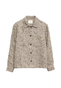 Bruin en crème herringbone-patroon overhemdjack met een kraag, knopen aan de voorkant en twee borstzakken. Getextureerde stof.