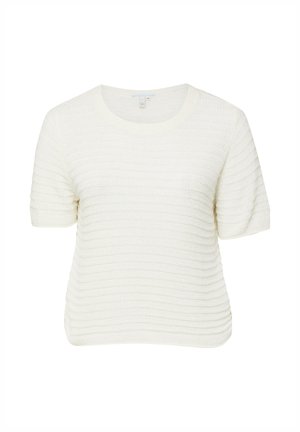 Weißes kurzärmeliges Strickoberteil mit horizontalen, strukturierten Streifen und rundem Ausschnitt, Größe 44.