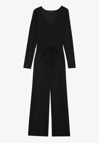 Black, long-sleeve jumpsuit with a V-neck, ribbed texture, and a self-tie belt at the waist. Wide-leg design with loose fit.