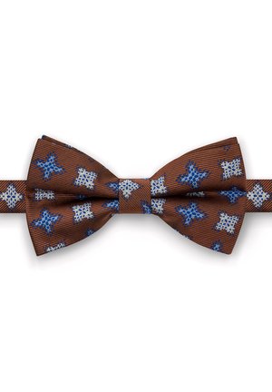 Brązowy muszka z teksturowanym wzorem niebieskich i białych gwiazd, wykonana z tkaniny tkanej w klasycznym kształcie.
